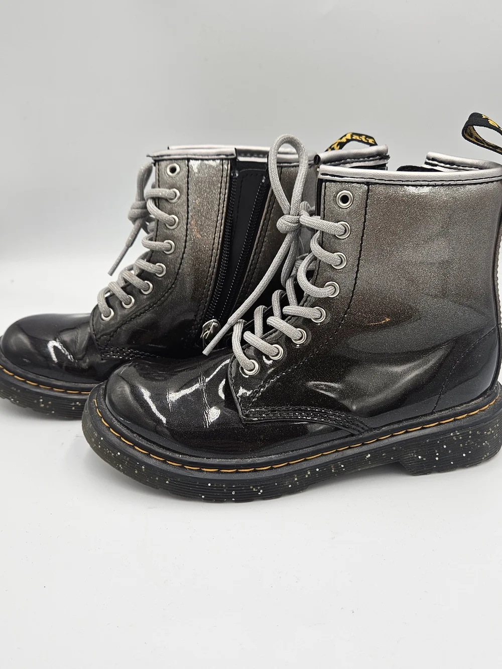 Dr. Martens Kids Black Patent Lace-Up Boots with Gray Laces